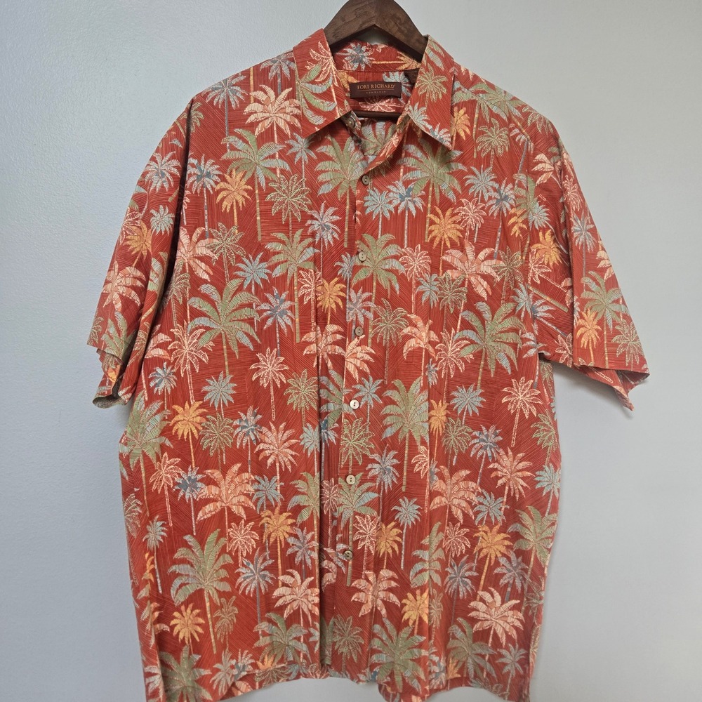 Tori Richard Honolulu Mens XL Cotton Lawn Palm Tree Hawaiian Shirt Burnt Orange